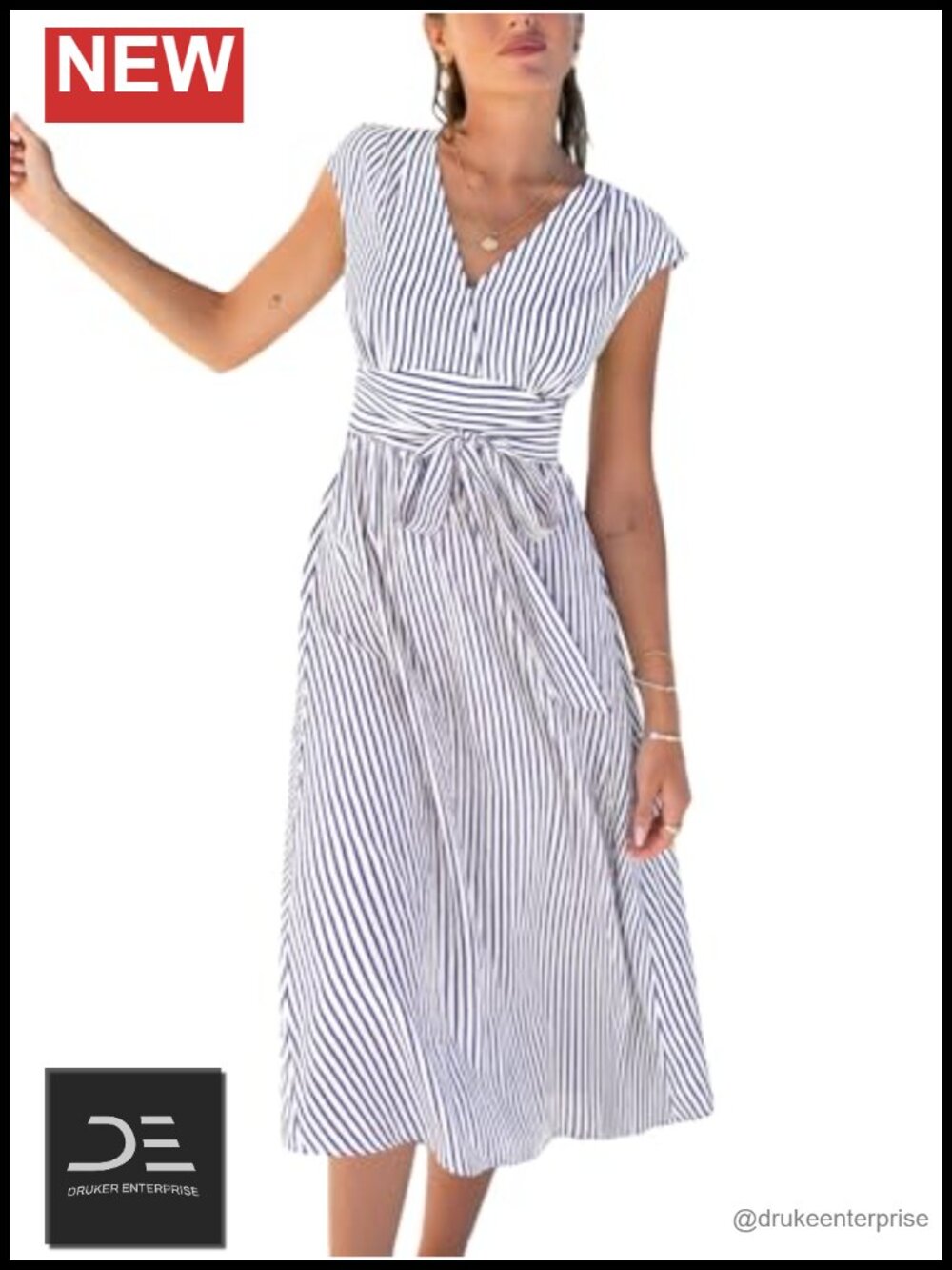 Women's Striped Midi Dress V Neck Short Sleeve Smocked Waist Casual Summer
